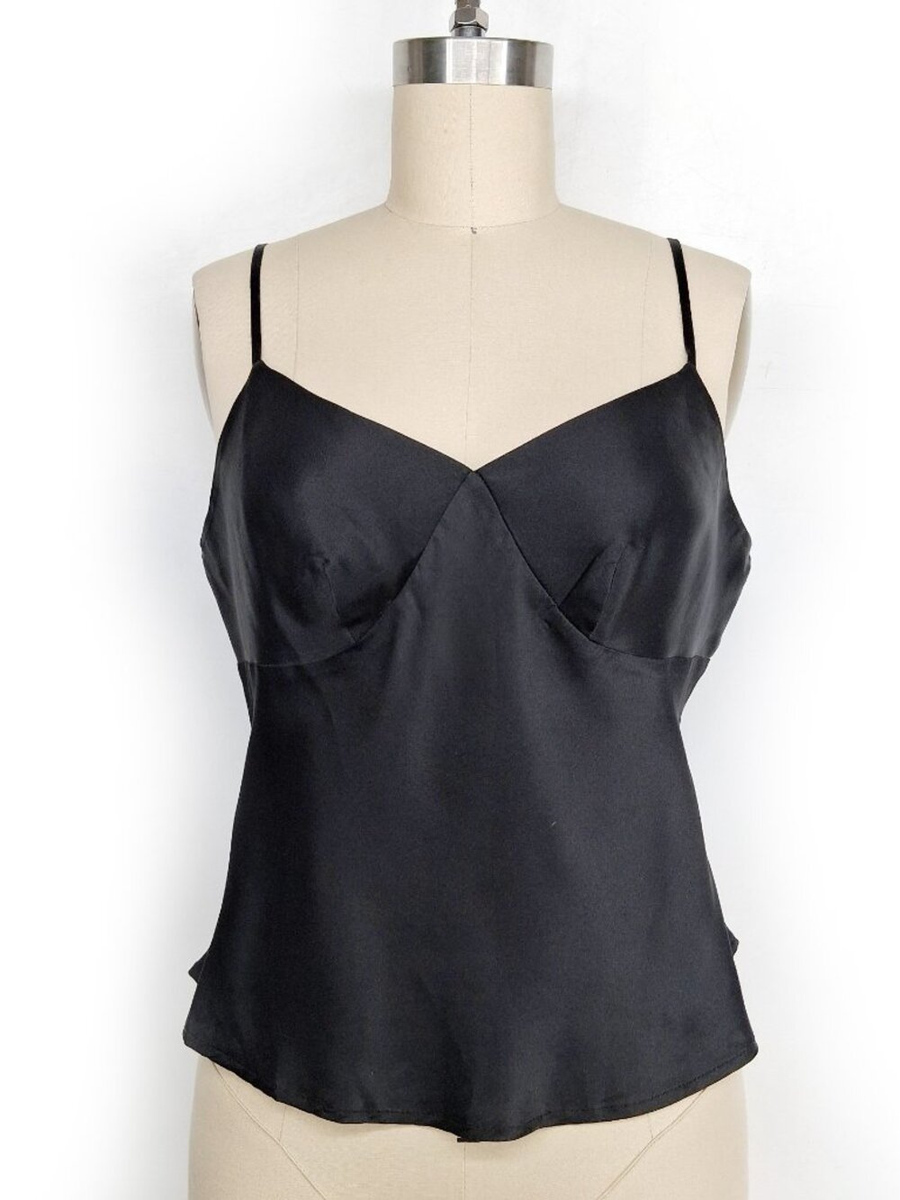 100% Silk Satin Black Camisole V Neck Adjustable Spaghetti Strap Tank Top - Picture 1 of 9